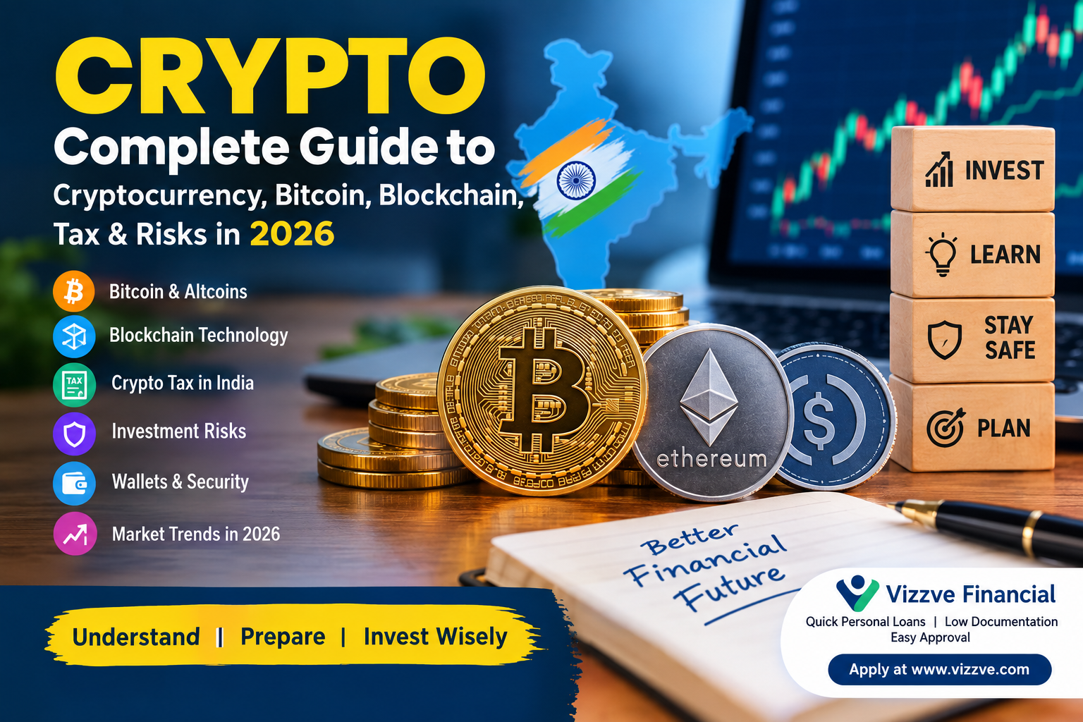 Cryptocurrency guide 2026 featuring Bitcoin, Ethereum, blockchain technology, crypto tax in India, investment risks, wallets, and market trends.